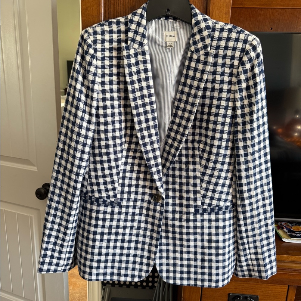 J. Crew Navy and White Gingham Blazer